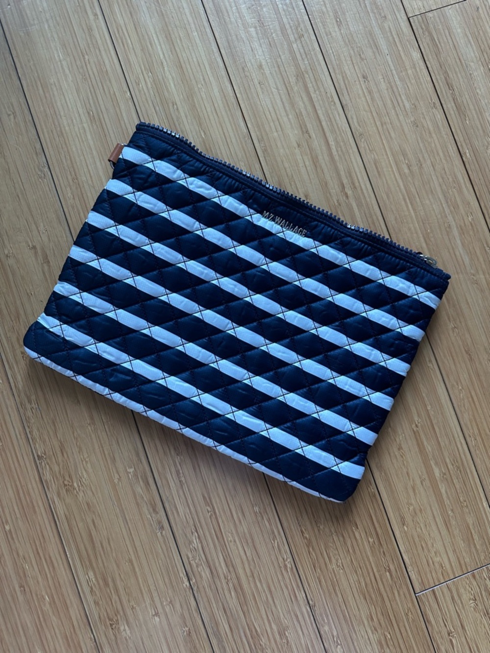 NEVER USED MZ Wallace Quilted Stripe Tablet Sleeve in Navy and White